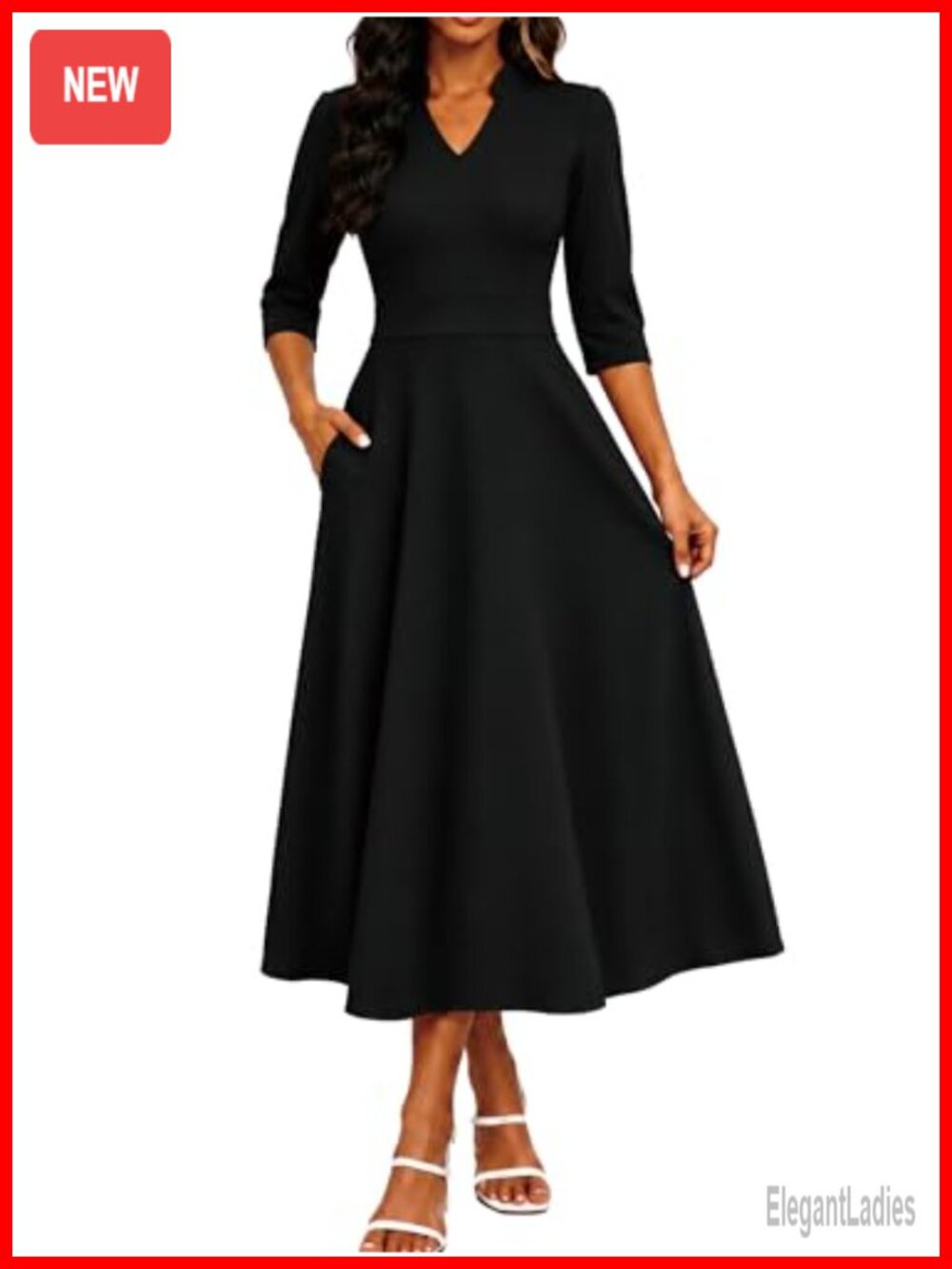 Womens 3/4 Sleeve V-Neck Midi Dress Pockets A-Line Fit Flare Tea Length Modest